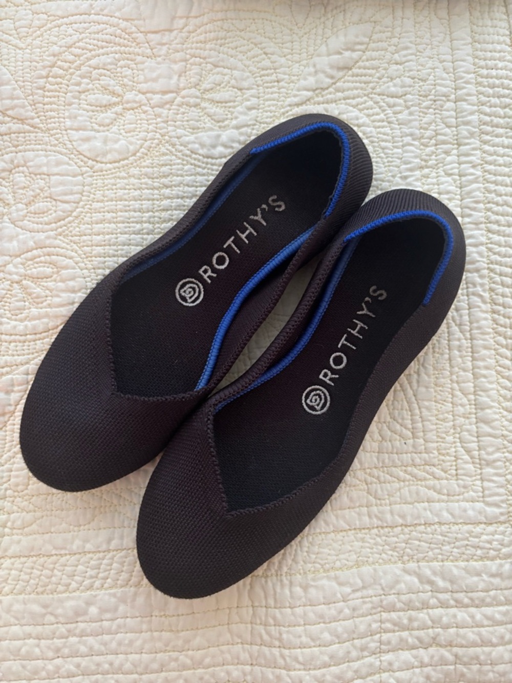 Rothy's Black Slip-On Loafers with Blue Trim Size 7.5